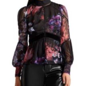 Ted Baker London Black and Pink Peplum Graphic Blouse